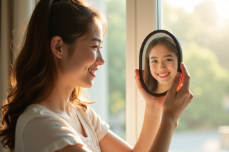 Jeune femme souriante regardant son reflet dans un miroir naturel