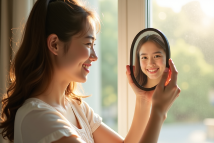 Jeune femme souriante regardant son reflet dans un miroir naturel