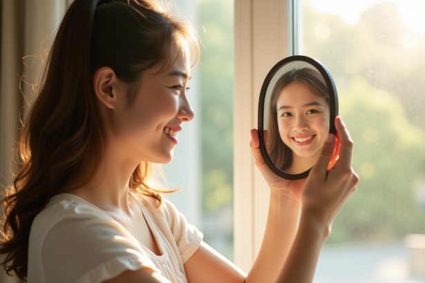 Jeune femme souriante regardant son reflet dans un miroir naturel