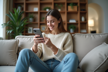 Jeune femme souriante lisant un message sur son smartphone dans un salon moderne