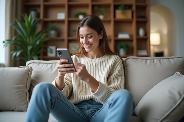 Jeune femme souriante lisant un message sur son smartphone dans un salon moderne