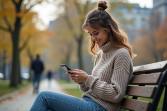 Jeune femme souriante avec smartphone dans un parc urbain