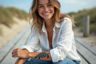 Jeune femme souriante avec tatouage tortue sur bras en bord de mer