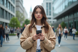 Jeune femme confiante en streetwear vlog en ville