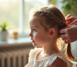Jeune fille avec tresses coiffée doucement par un adulte
