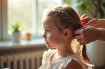 Jeune fille avec tresses coiffée doucement par un adulte