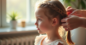 Jeune fille avec tresses coiffée doucement par un adulte