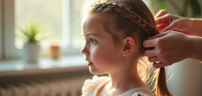 Jeune fille avec tresses coiffée doucement par un adulte
