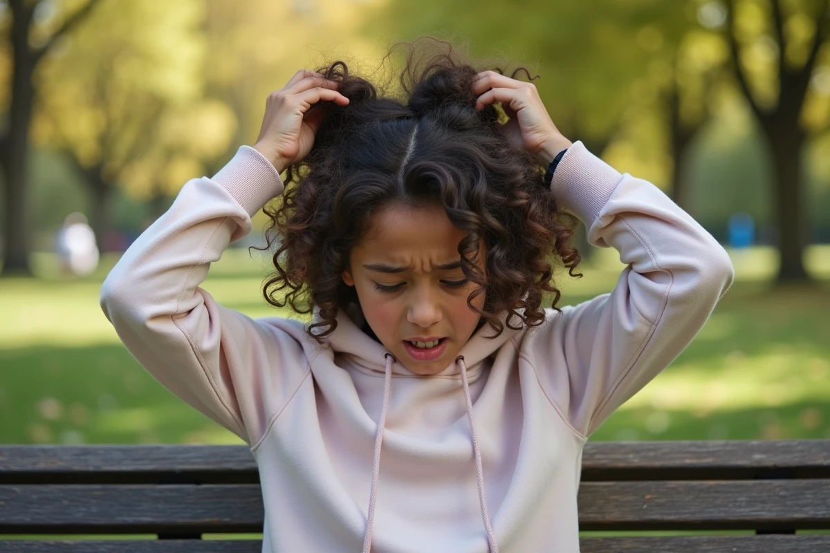 Jeune fille attachant ses boucles dans un parc en été