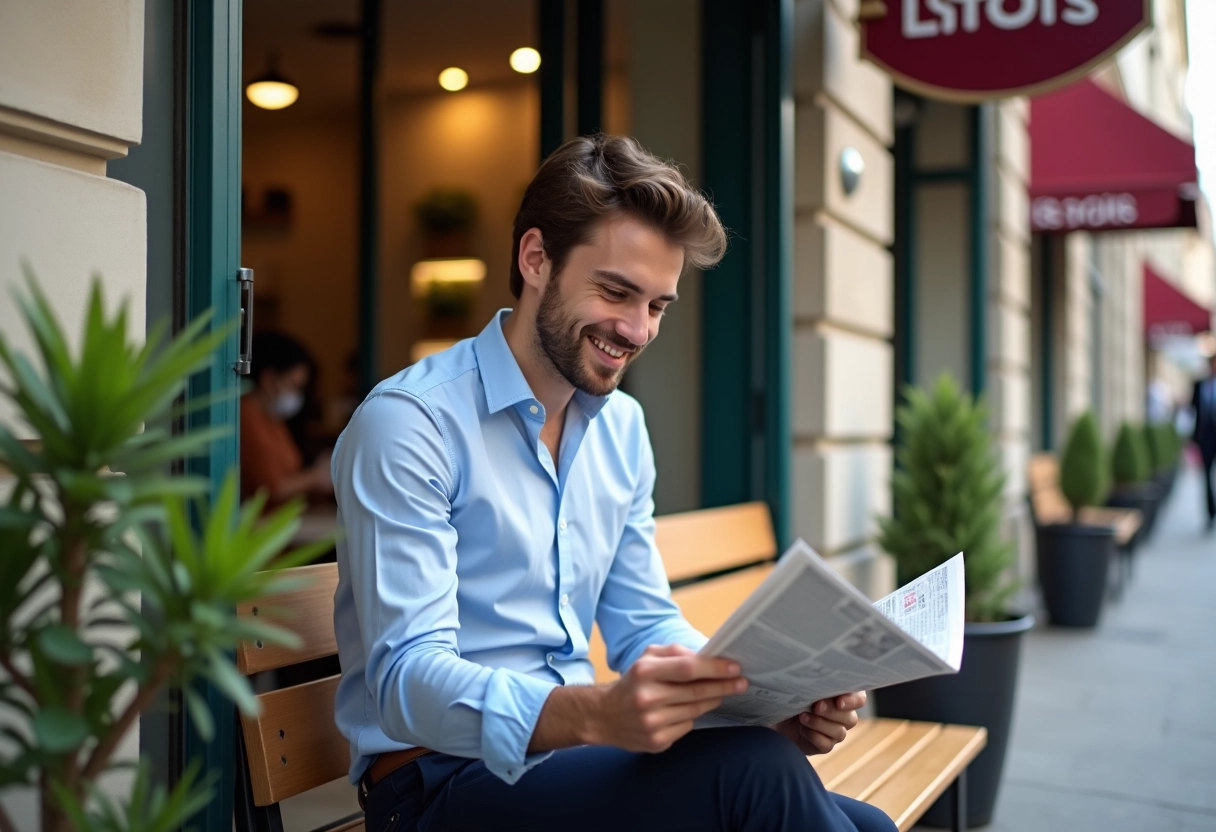 Jeune homme lisant un journal devant un café parisien