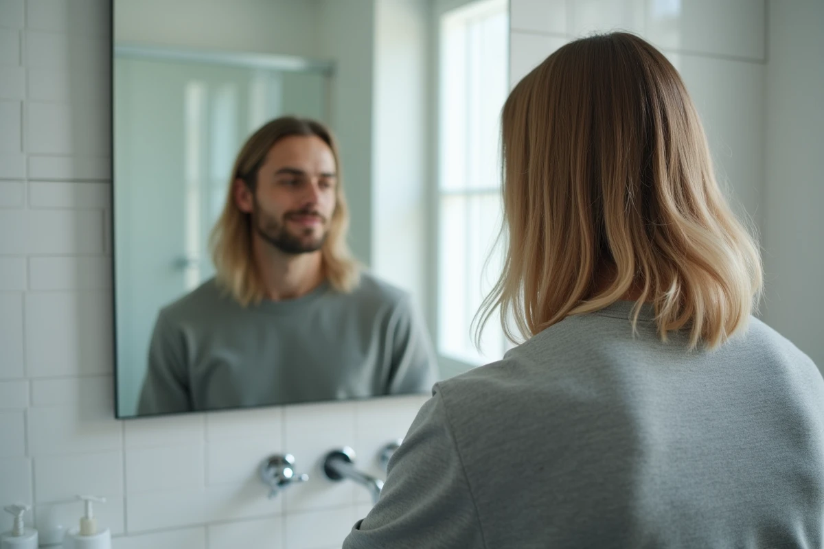 Jeune homme aux cheveux longs fins et dégradé bas taper examinant sa coiffure devant un miroir dans une salle de bain moderne minimaliste