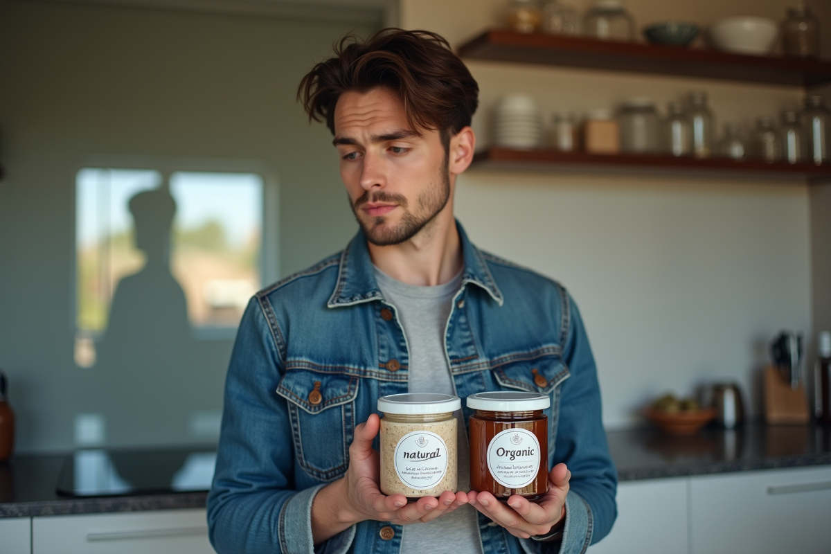 Jeune homme regardant des bocaux dans une cuisine moderne