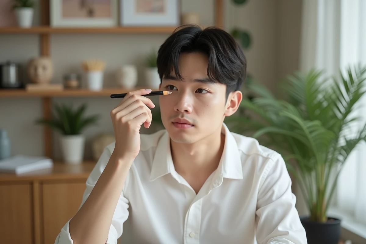Jeune homme posant du khôl sur ses yeux dans un intérieur cosy