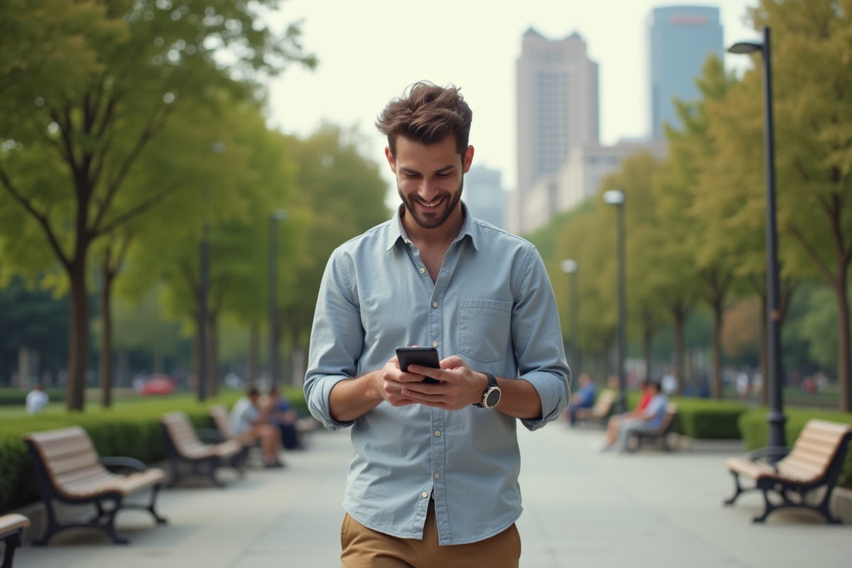 Jeune homme en plein air dans un parc urbain utilisant son smartphone