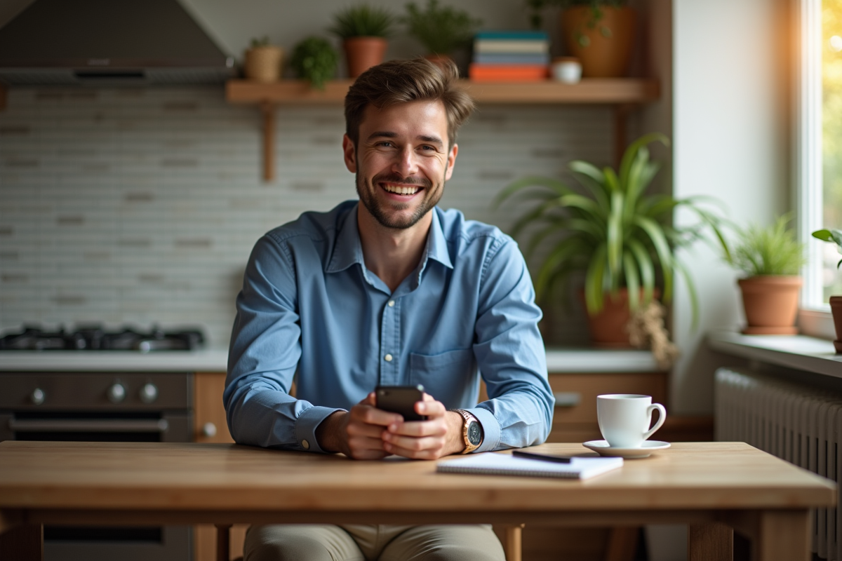 Jeune homme souriant tapant un SMS dans une cuisine chaleureuse