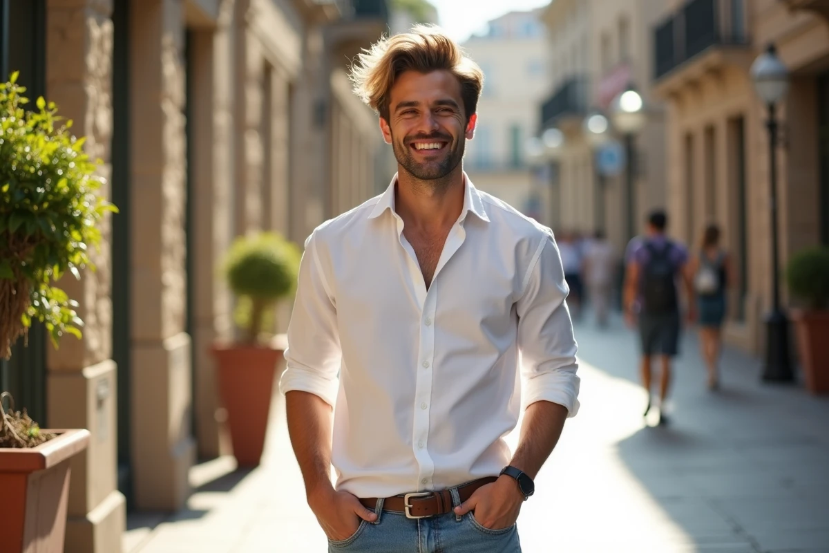 Jeune homme dans la rue avec cheveux highlights