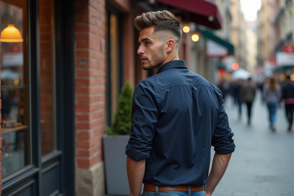 Jeune homme avec coupe dégradée devant un salon de coiffure urbain
