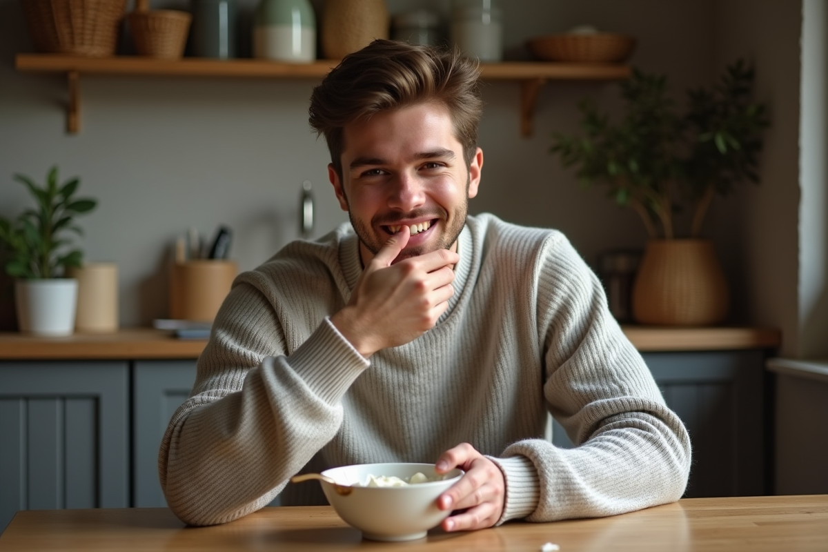 Jeune homme dégustant du yaourt dans une cuisine chaleureuse