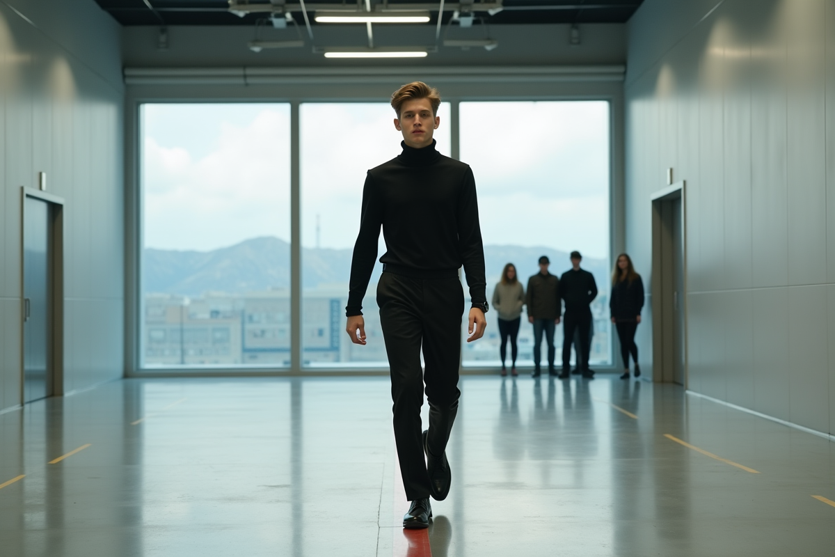 Jeune mannequin marche dans une salle de casting moderne