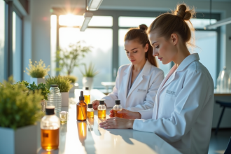 Laboratoire moderne en Allemagne avec professionnels inspectant des cosmétiques naturels