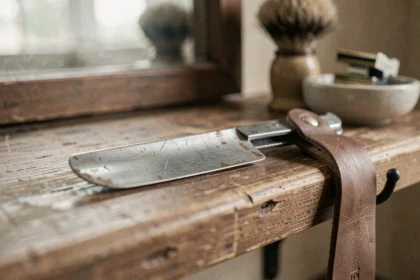 Lame de coupe-chou usée posée sur une étagère de barbier en bois, montrant des signes d'émoussement visibles comme des micro-encoches et une oxydation légère sur le tranchant