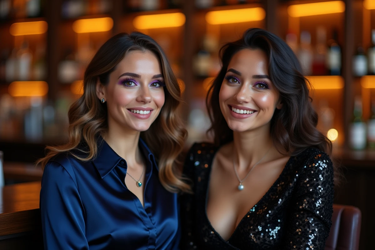 Deux femmes en tenue de soirée comparant leurs looks de maquillage yeux violets dans un bar élégant