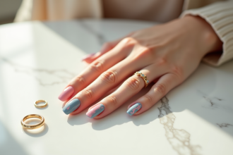 Main élégante avec ongles tendance 2025 sur marbre blanc