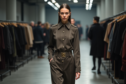 Jeune mannequin en défilé avec tenue de haute couture