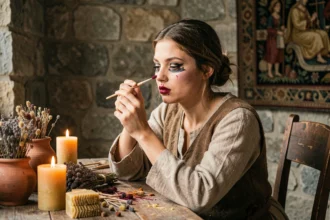 Jeune femme appliquant un maquillage médiéval authentique avec des pigments naturels et outils en bois dans une chambre médiévale reconstituée