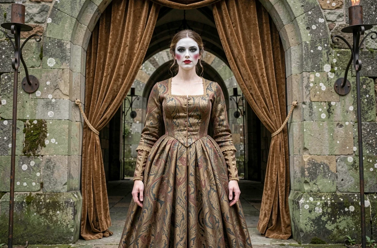 Femme arborant un maquillage médiéval complet de noble avec teint pâle et lèvres rouges aux pigments végétaux dans un couloir de château