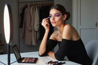 Jeune femme appliquant un fard à paupières violet intense devant un miroir de coiffeuse dans un appartement parisien moderne