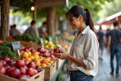 Femme d'âge moyen examinant des pommes bio au marché
