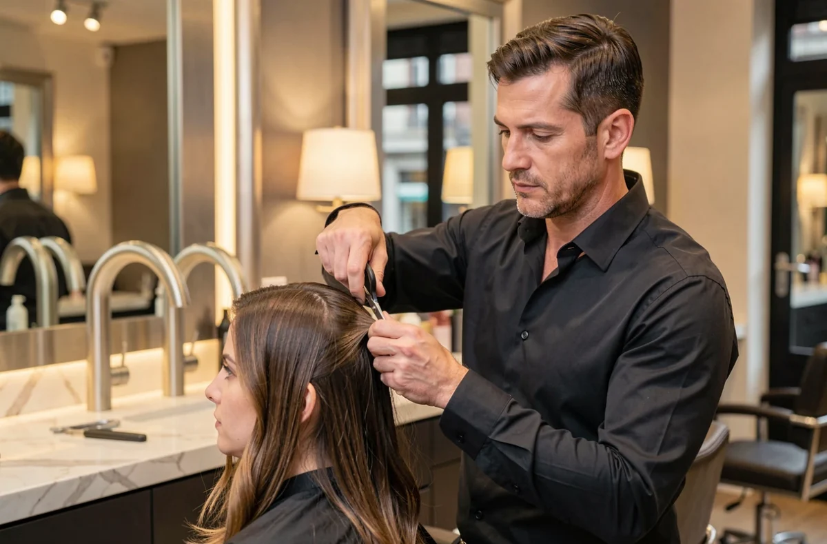 Salon Markus Paris à Lille avec un coiffeur élégant travaillant dans un cadre raffiné d'inspiration parisienne