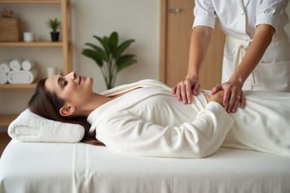 Femme détendue recevant un massage abdominal dans un spa