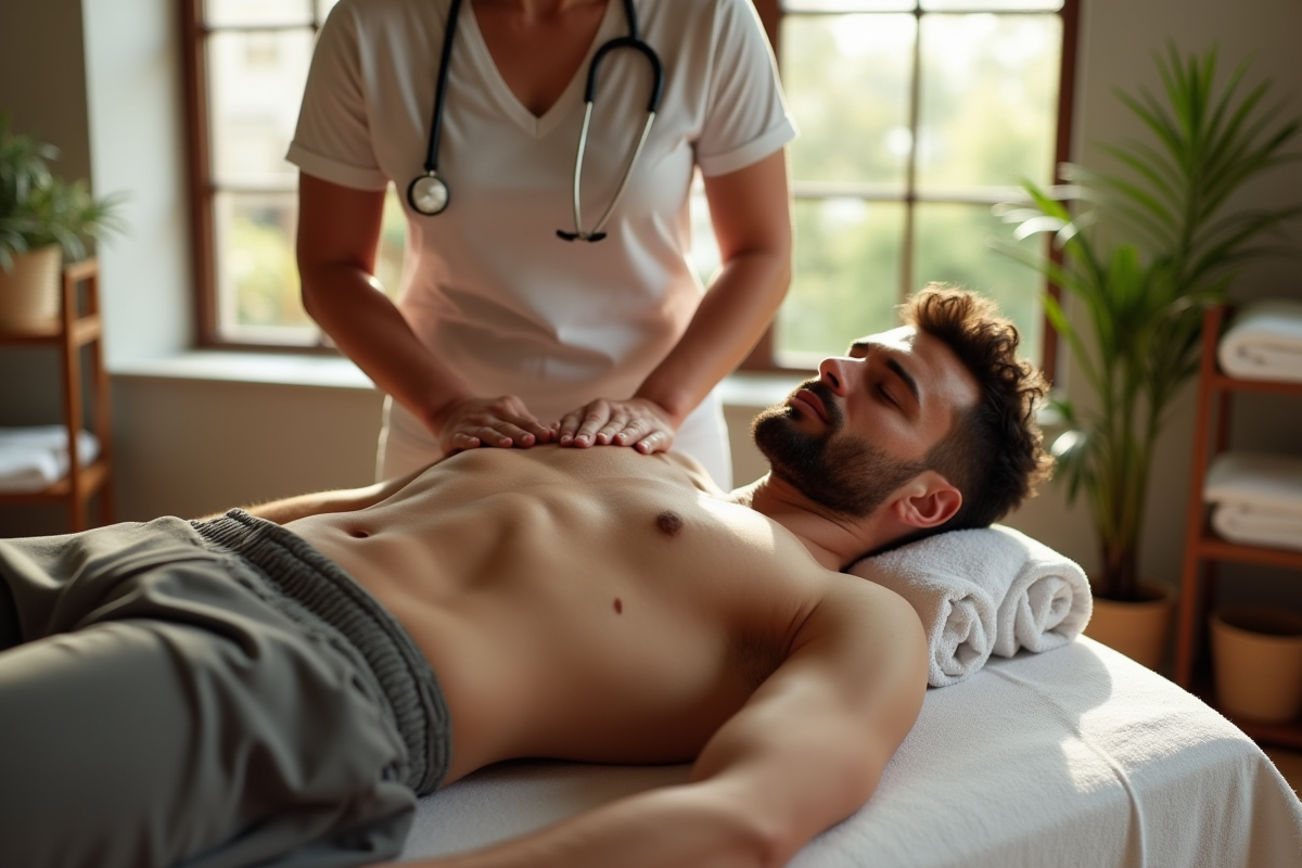 Jeune homme recevant un massage abdominal dans un studio