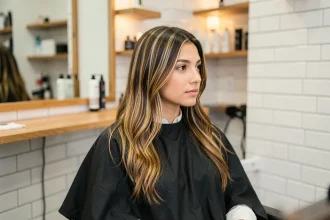 Jeune femme brune aux mèches blondes et châtain fondues naturellement, assise dans un fauteuil de salon de coiffure, illustrant un balayage sans effet rayures