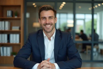 Homme d'affaires en costume marine avec des mèches blondes subtiles assis à un bureau moderne