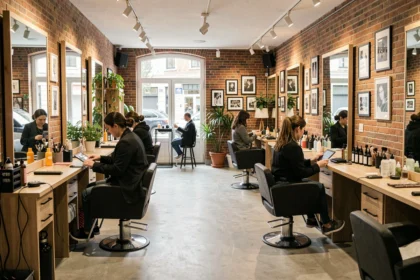 Vue d'ensemble d'un salon de coiffure moderne dans les Hauts-de-France avec plusieurs postes de coiffage et stylistes au travail