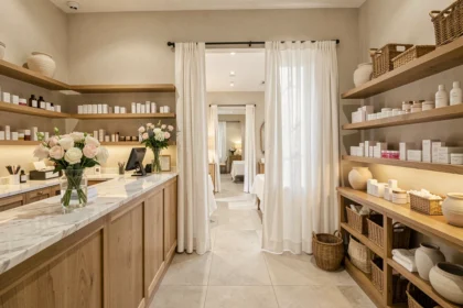 Intérieur élégant d'un institut de beauté en Haute-Garonne avec comptoir de réception, produits de soin et couloir menant aux cabines de soins