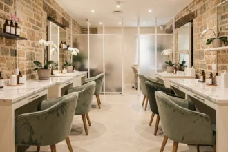 Intérieur d'un salon de beauté élégant en Normandie avec comptoirs en marbre blanc et fauteuils en velours vert sauge