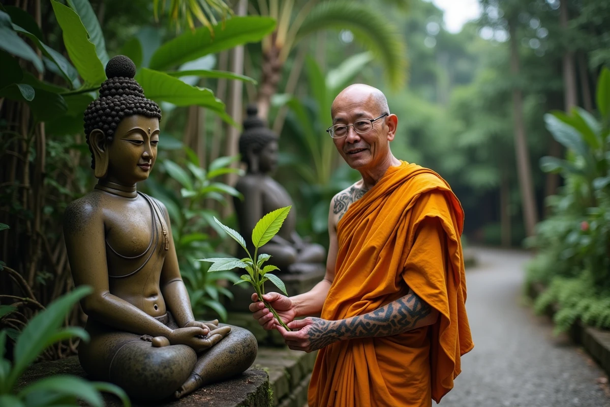 Moine bouddhiste thaïlandais avec des tatouages yantras traditionnels sur les avant-bras et le cou dans un jardin de monastère tropical avec statuettes de Bouddha