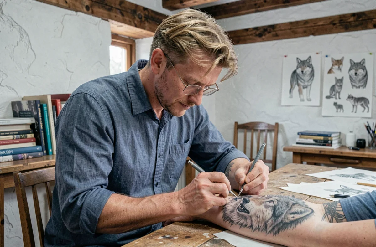 Navet Tattooist, tatoueur réaliste dans l'Ain, en train d'exécuter un tatouage hyper-réaliste de loup sur le bras d'un client dans son studio rustique aux poutres en bois