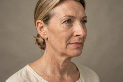 Femme de profil mettant en valeur un nez aquilin prononcé lors d'une consultation en chirurgie esthétique