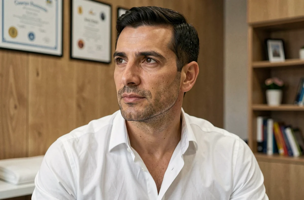 Homme au nez romain assis en cabinet de chirurgie esthétique pour une consultation rhinoplastie