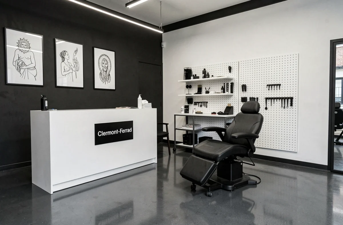 Intérieur épuré et minimaliste du studio Noire Ink à Clermont-Ferrand avec esthétique noir et blanc, fauteuil de tatouage professionnel et organisation murale en pegboard