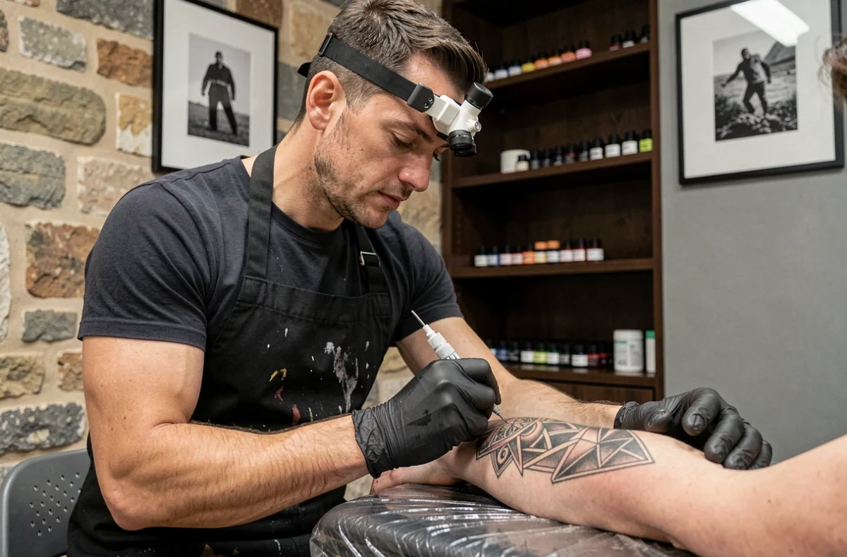 Tatoueur professionnel de Nox Tatouage à Lyon concentré sur l'application d'un tatouage géométrique sur l'avant-bras d'un client dans un studio aux murs en pierre