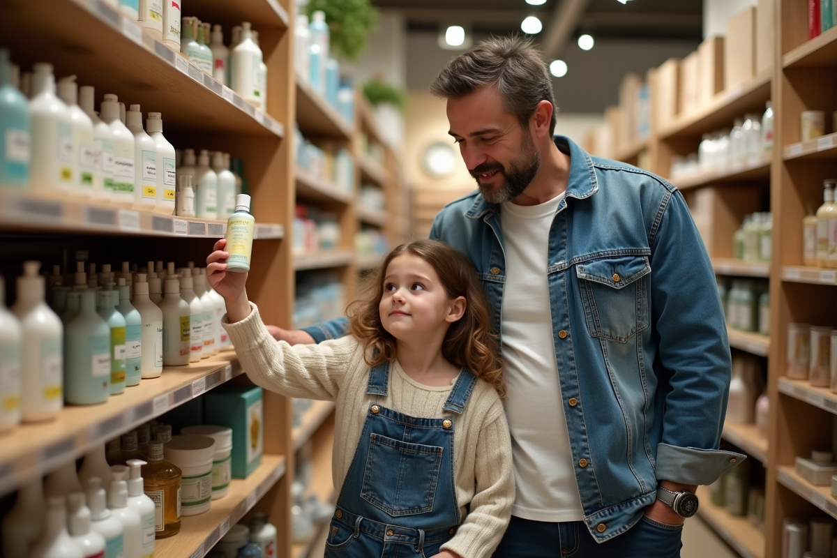 Père et fille faisant leurs courses dans un rayon de cosmétiques bio