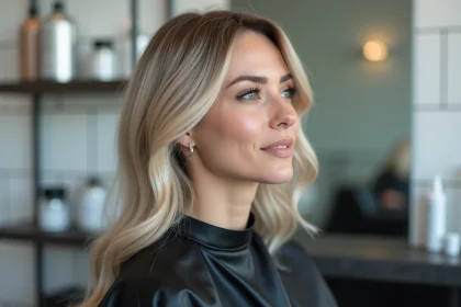 Femme aux cheveux blond froid fraîchement patinés dans un salon de coiffure professionnel, reflets cendrés et nacrés visibles