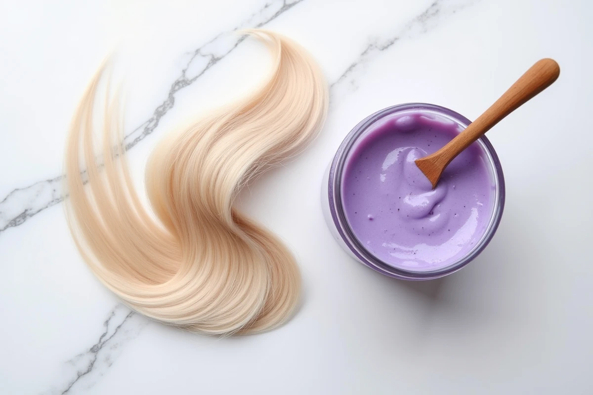 Gros plan sur des mèches de cheveux blond froid et un bol de patine violette sur marbre blanc, produit de soin colorant cendré
