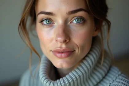 Portrait en gros plan d'une femme aux yeux bleu vert avec des détails d'iris visibles
